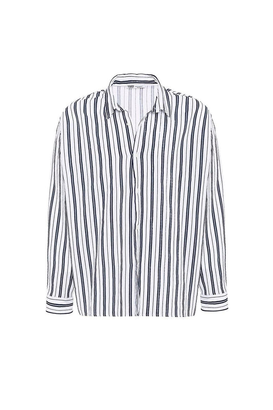 Çizgili Uzun Kollu Oversize Keten Gömlek