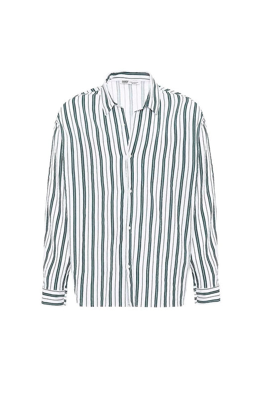 Çizgili Uzun Kollu Oversize Keten Gömlek