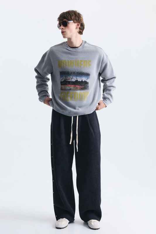 Oversize Yıkamalı Bisiklet Yaka Sweatshirt