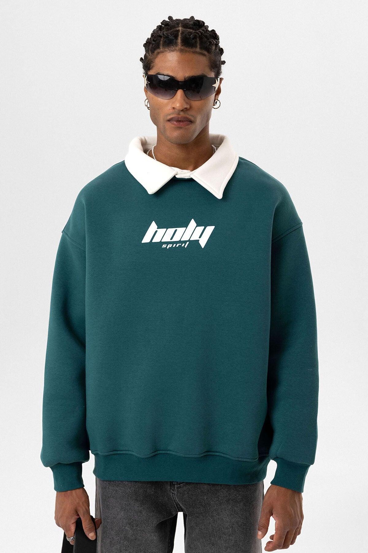 Polo Yaka Oversize Baskılı Sweatshirt