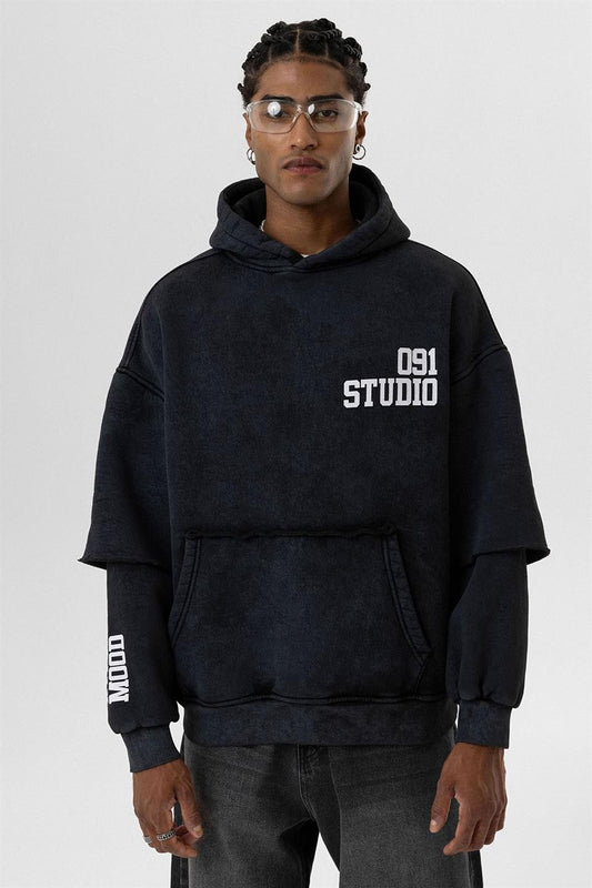 Yıkamalı Çift Kol Detaylı Kapüşonlu Oversize Sweatshirt