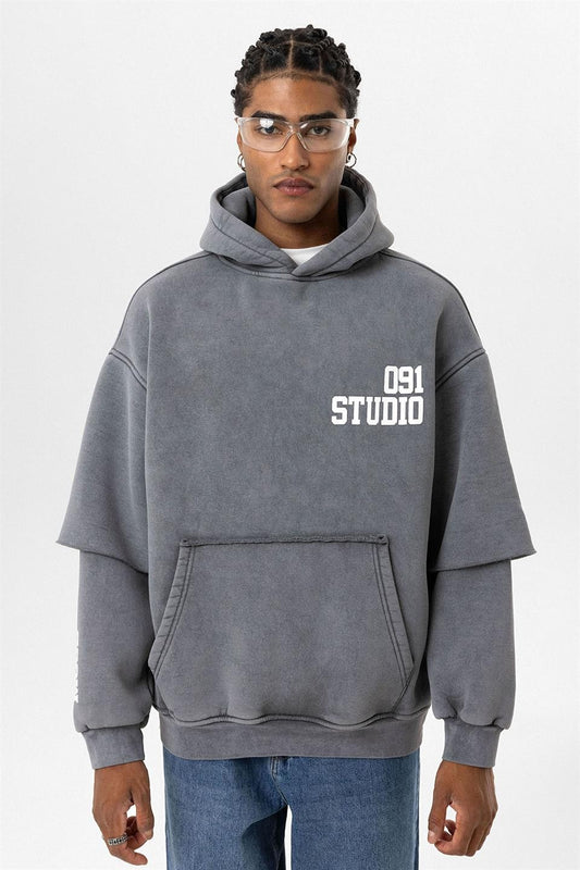 Yıkamalı Çift Kol Detaylı Kapüşonlu Oversize Sweatshirt