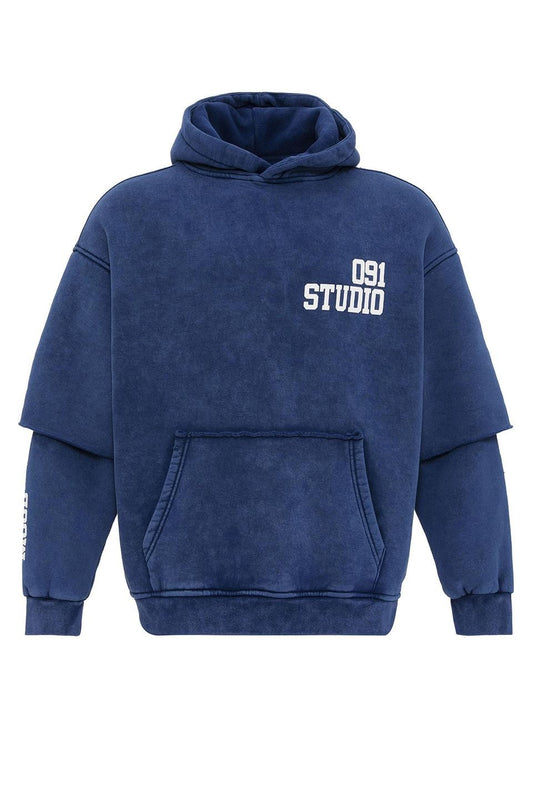 Yıkamalı Çift Kol Detaylı Kapüşonlu Oversize Sweatshirt