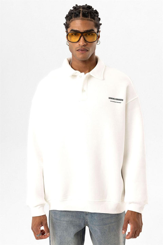 Polo Yaka Baskılı Oversize Sweatshirt