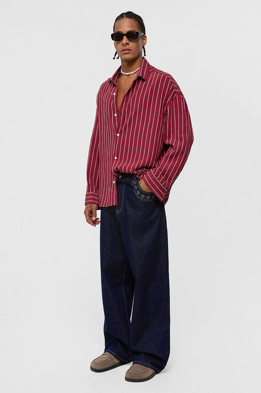 Oversize Çizgili Uzun Kol Gömlek