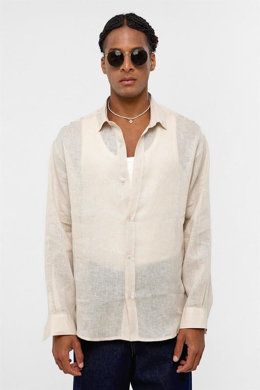 %100 Keten Oversize Uzun Kollu Gömlek