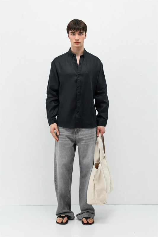 %100 Keten Oversize Uzun Kollu Gömlek