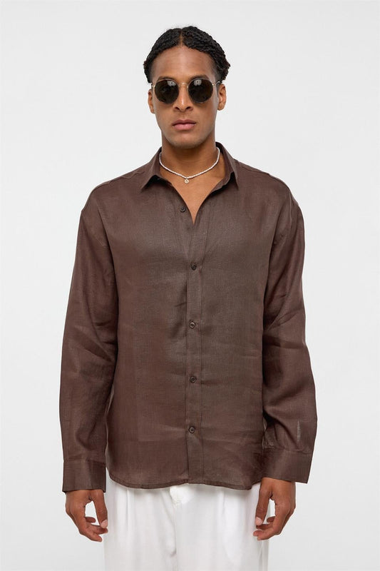 %100 Keten Oversize Uzun Kollu Gömlek
