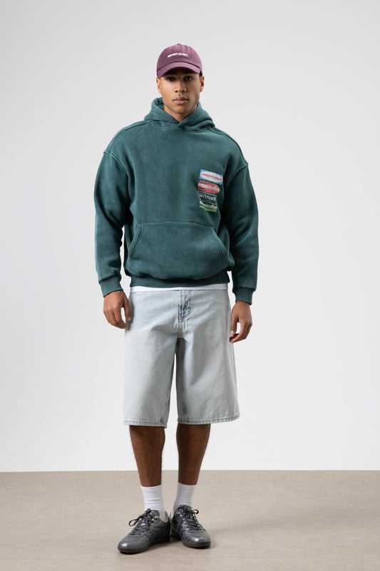 Oversize Yıkamalı Baskılı Kapüşonlu Sweatshirt