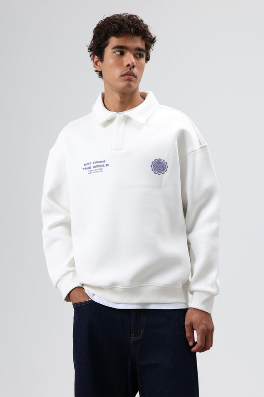 Polo Yaka Oversize Baskılı Yıkamalı Sweatshirt