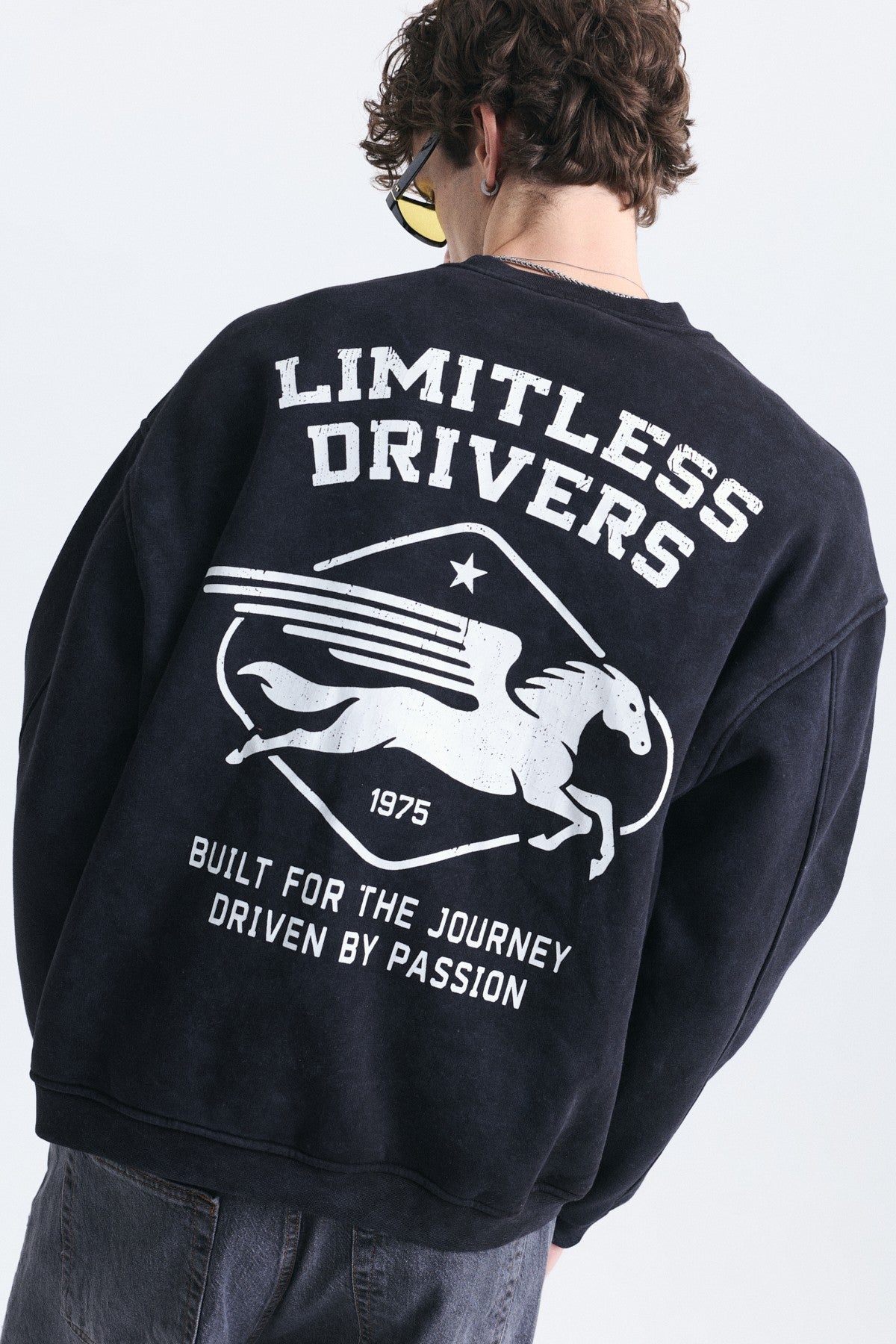 Overize Baskılı Bisiklet Yaka Sweatshirt