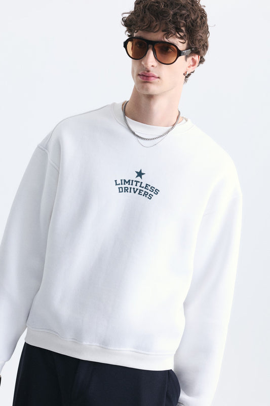 Overize Baskılı Bisiklet Yaka Sweatshirt