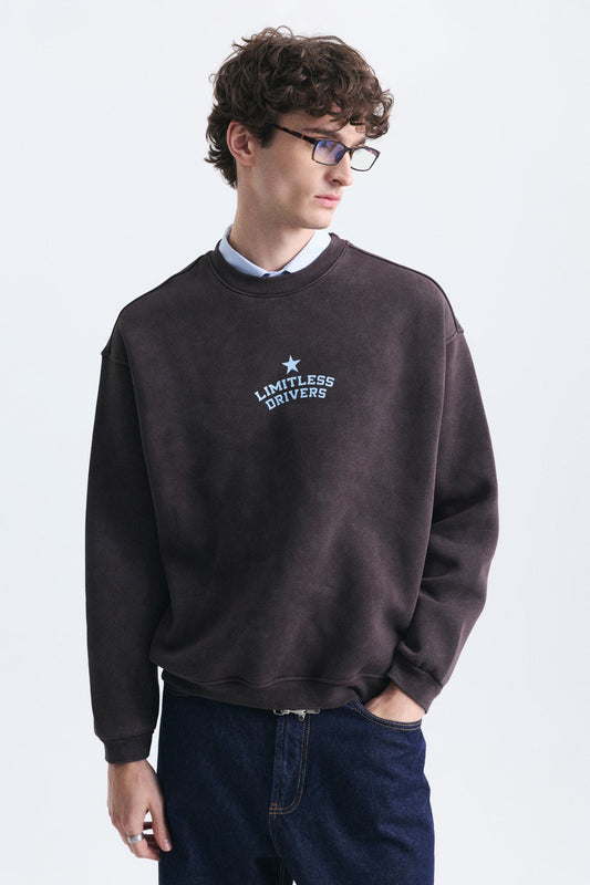 Overize Baskılı Bisiklet Yaka Sweatshirt