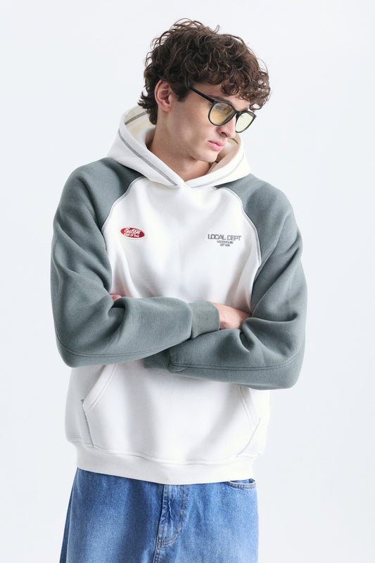 Renk Bloklu Kanguru Cepli Kapüşonlu Sweatshirt