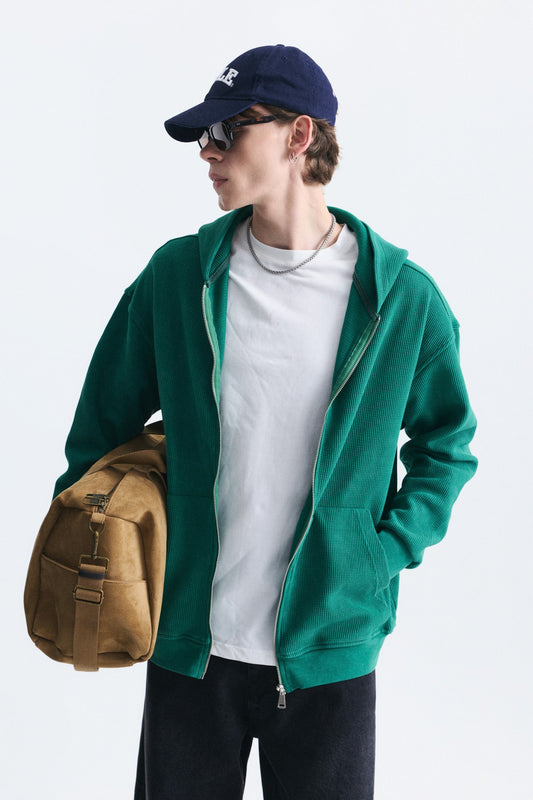 Dokulu Fermuarlı Kapüşonlu Sweatshirt