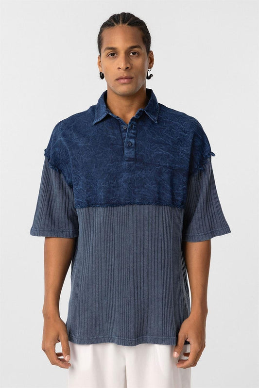 Yıkamalı Triko Oversize Polo Yaka Tişört Indigo