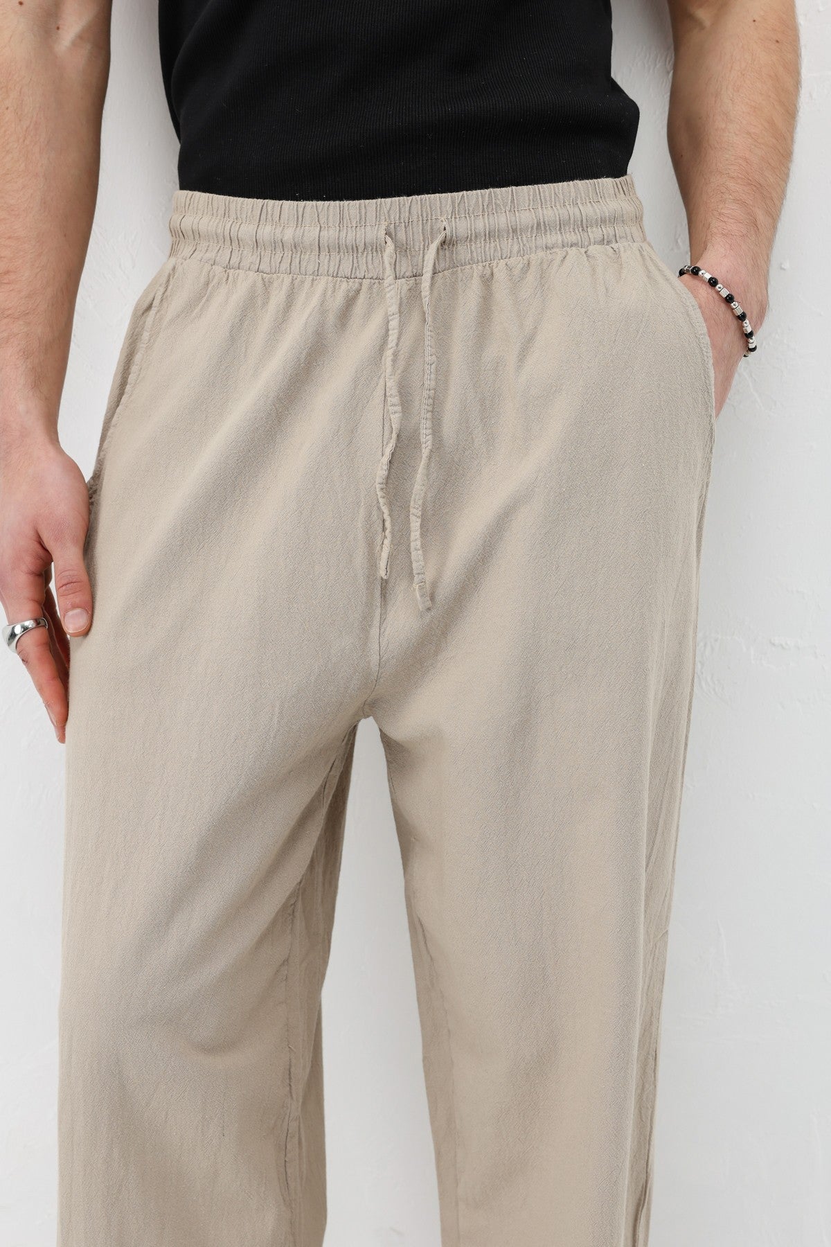 Bel Lastikli Baggy Fit Keten Pantolon