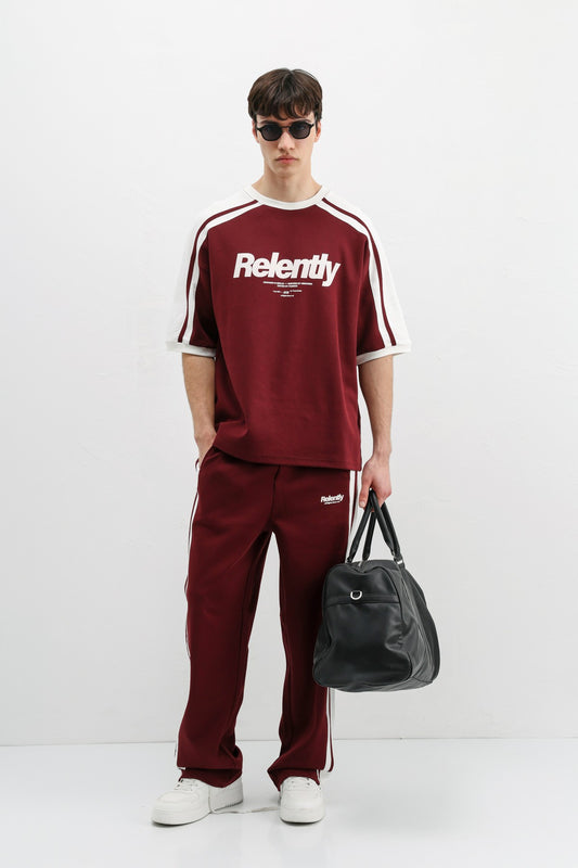 Oversize Baskılı Eşofman Takım Bordo