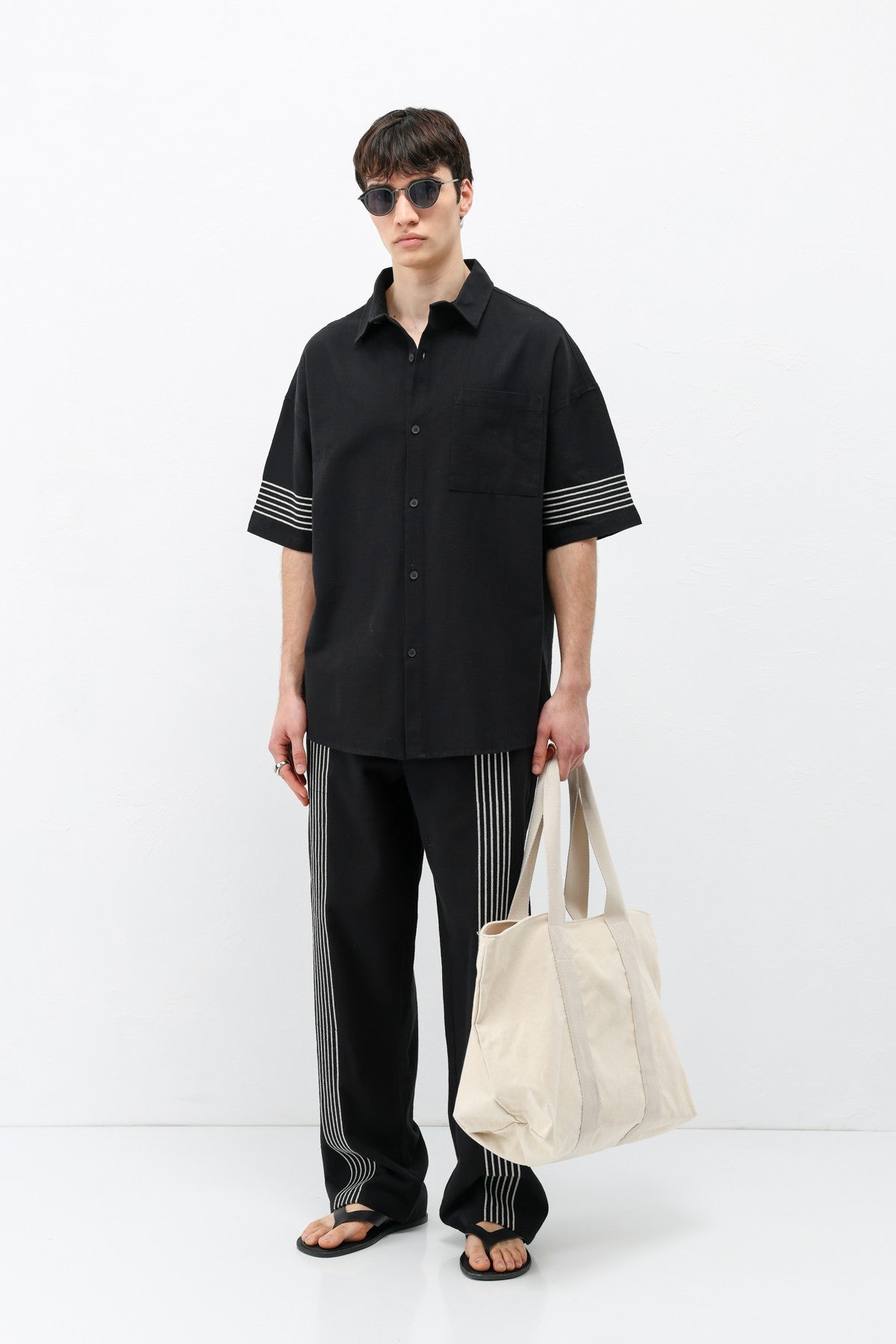 Oversize Çizgi Detaylı Keten Alt Üst Takım