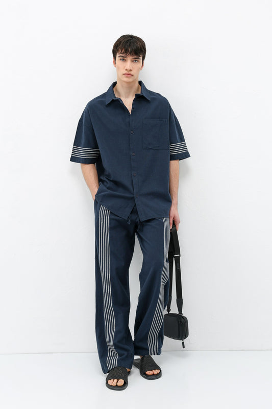 Oversize Çizgi Detaylı Keten Alt Üst Takım