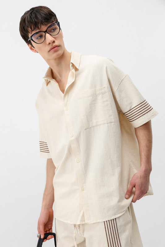 Oversize Çizgi Detaylı Keten Alt Üst Takım