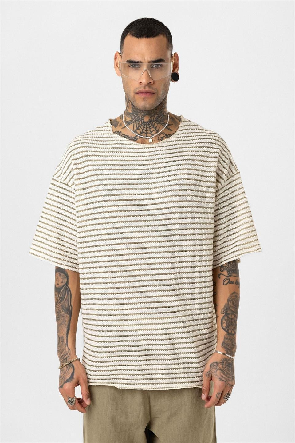 Çizgili Oversize Triko Tişört 30-773