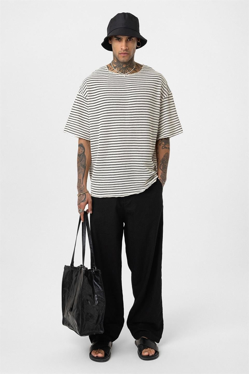 Çizgili Oversize Triko Tişört 30-773
