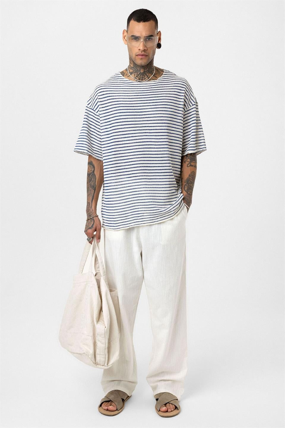 Çizgili Oversize Triko Tişört 30-773