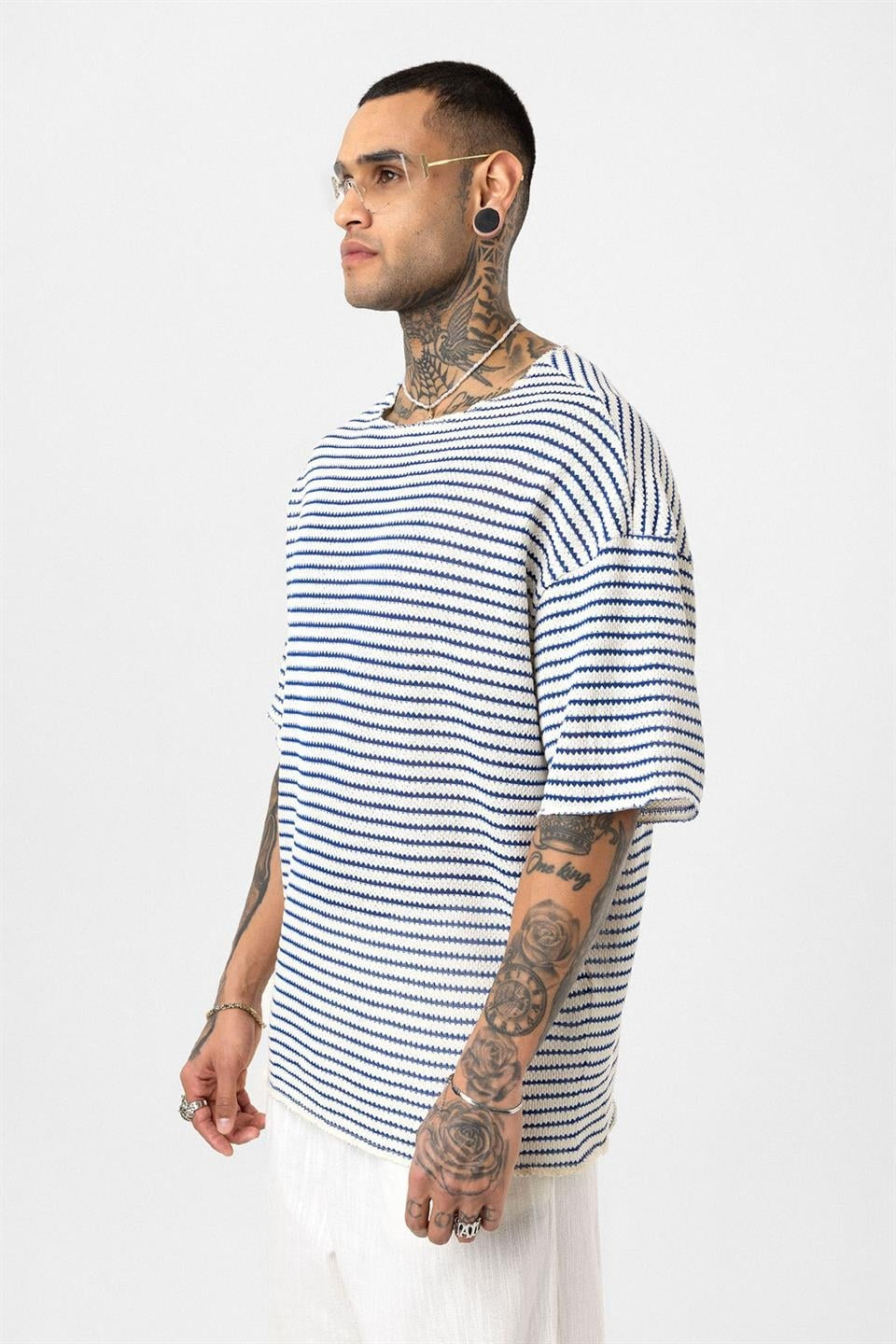Çizgili Oversize Triko Tişört 30-773