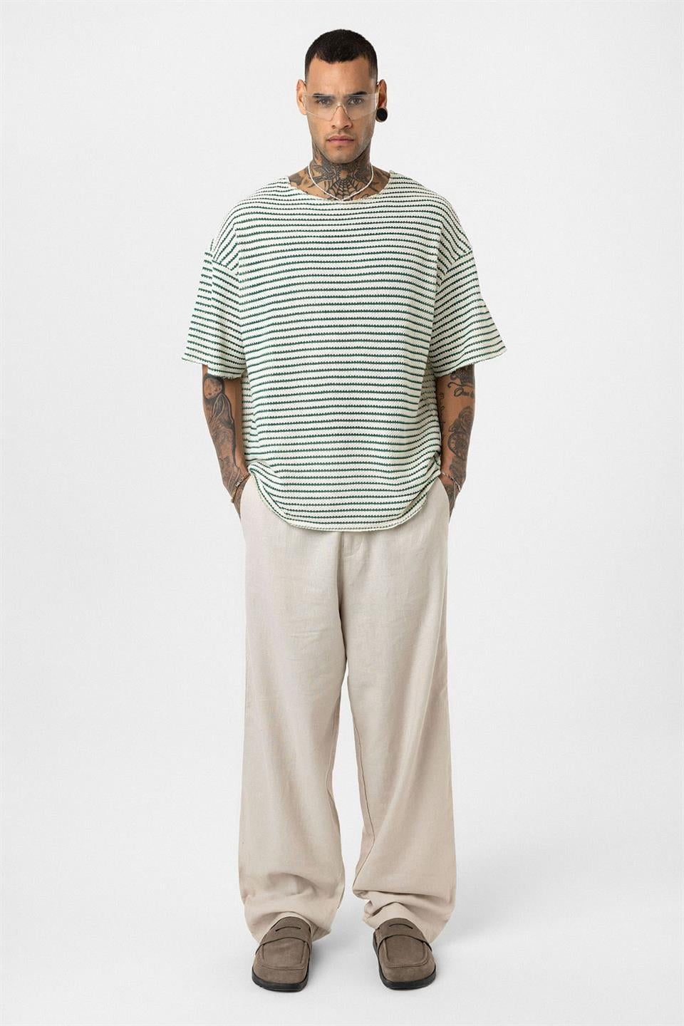 Çizgili Oversize Triko Tişört 30-773