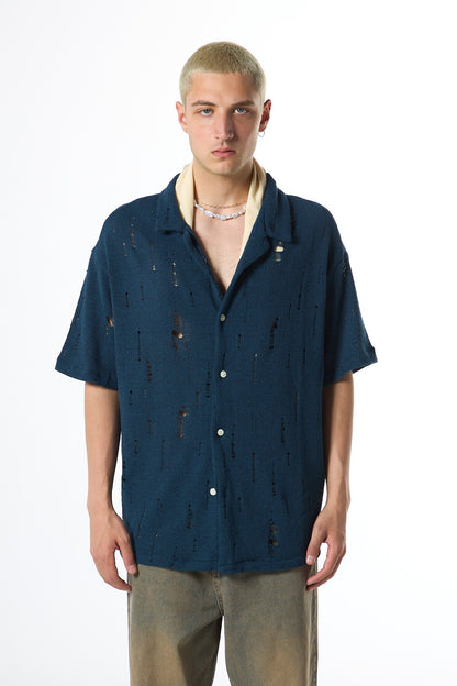Oversize Deliklı Triko Gömlek