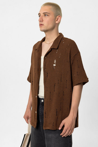 Oversize Deliklı Triko Gömlek
