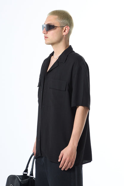 Oversize Çift Cepli Kısa Kol Keten Gömlek