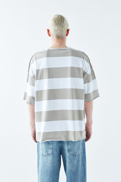 Dijital Baskılı Şeritli %100 Pamuk Oversize Tişört