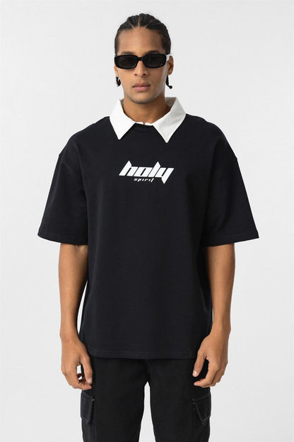 Polo Yaka Oversize Baskılı Tişört