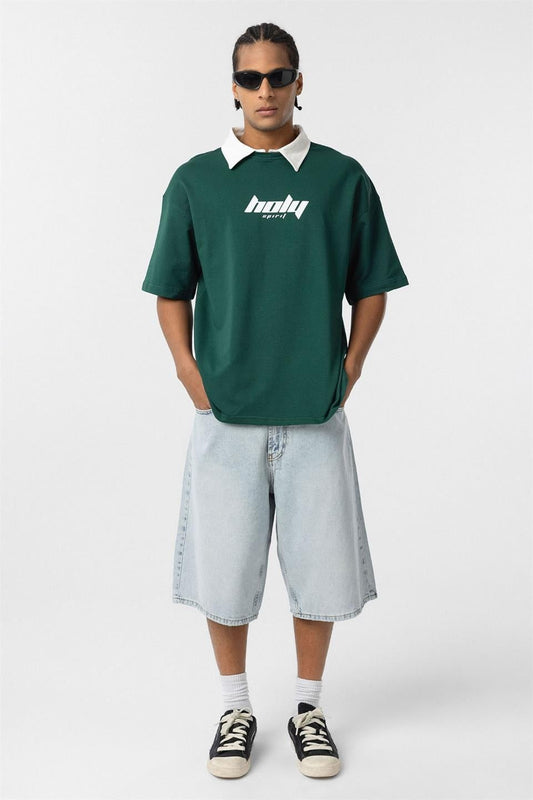 Polo Yaka Oversize Baskılı Tişört