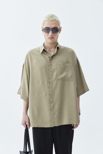 Oversize Tek Cepli Kısa Kol Keten Gömlek