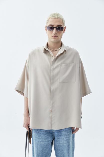Oversize Tek Cepli Kısa Kol Keten Gömlek