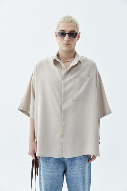 Oversize Tek Cepli Kısa Kol Keten Gömlek