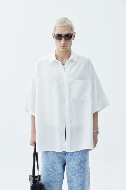 Oversize Tek Cepli Kısa Kol Keten Gömlek