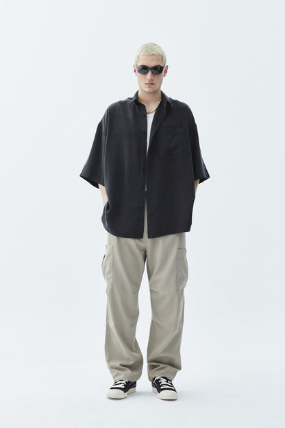 Oversize Tek Cepli Kısa Kol Keten Gömlek