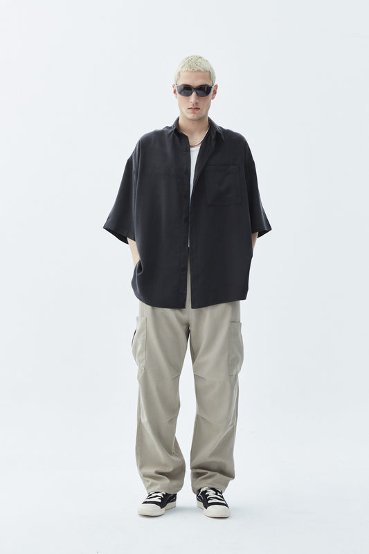 Oversize Tek Cepli Kısa Kol Keten Gömlek