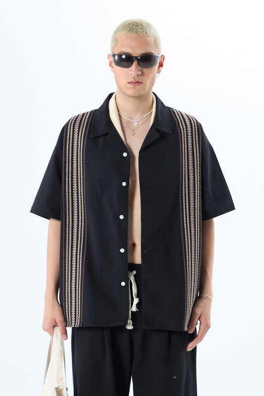 Nakış Detaylı Cepsiz Kısa Kol Oversize Keten Gömlek