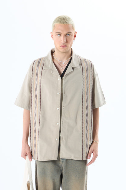 Nakış Detaylı Cepsiz Kısa Kol Oversize Keten Gömlek
