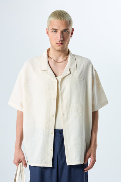 Nakış Detaylı Oversize Keten Gömlek