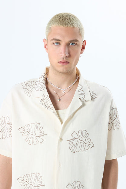 Nakış Detaylı Oversize Keten Gömlek