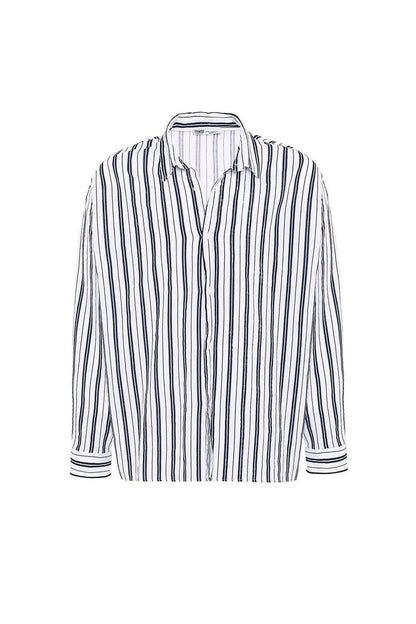 Çizgili Uzun Kollu Oversize Keten Gömlek