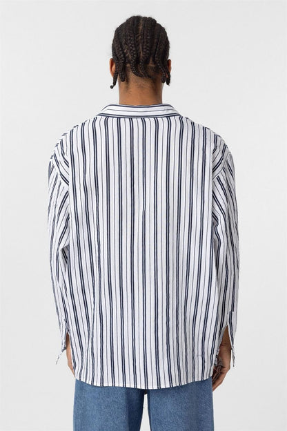 Çizgili Uzun Kollu Oversize Keten Gömlek