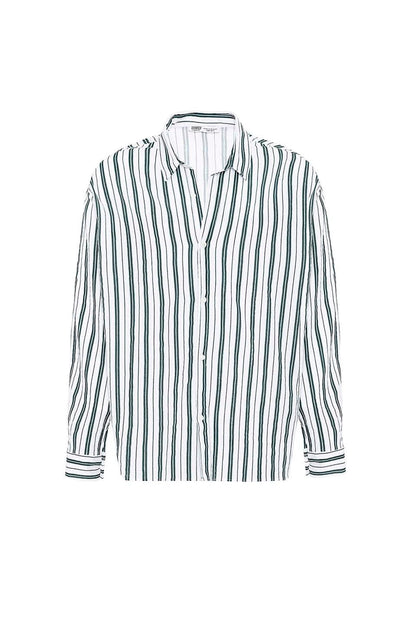 Çizgili Uzun Kollu Oversize Keten Gömlek