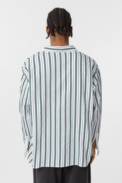 Çizgili Uzun Kollu Oversize Keten Gömlek